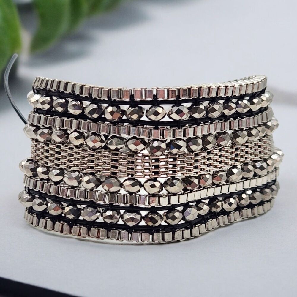 Silver Black Gunmetal Wide Sparkle Biker Bracelet 6.5" Punk Rock Streetwear